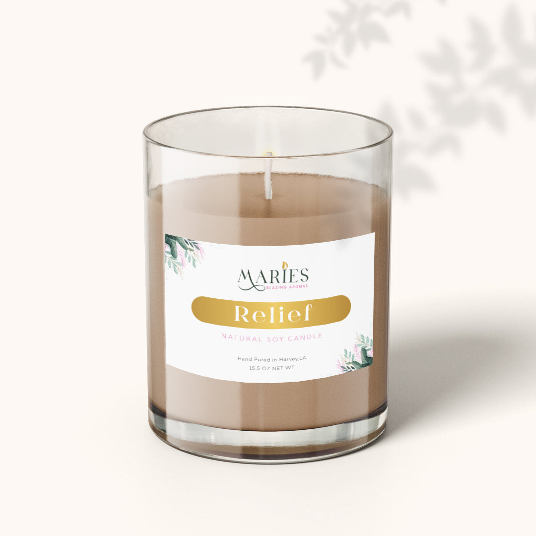 Soothe your senses with relaxation: Relief Scented Soy Candle by Maries Blazing Aroma