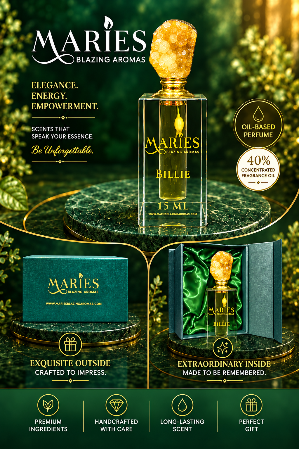 Billie Luxury Perfume Fragrance Oil | Arabian Jasmine & Vanilla | Crystal Bottle