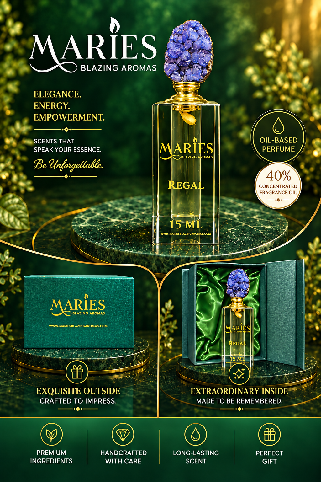 Regal Luxury Perfume Fragrance Oil | Arabian Jasmine Rose Patchouli | Crystal Bottle