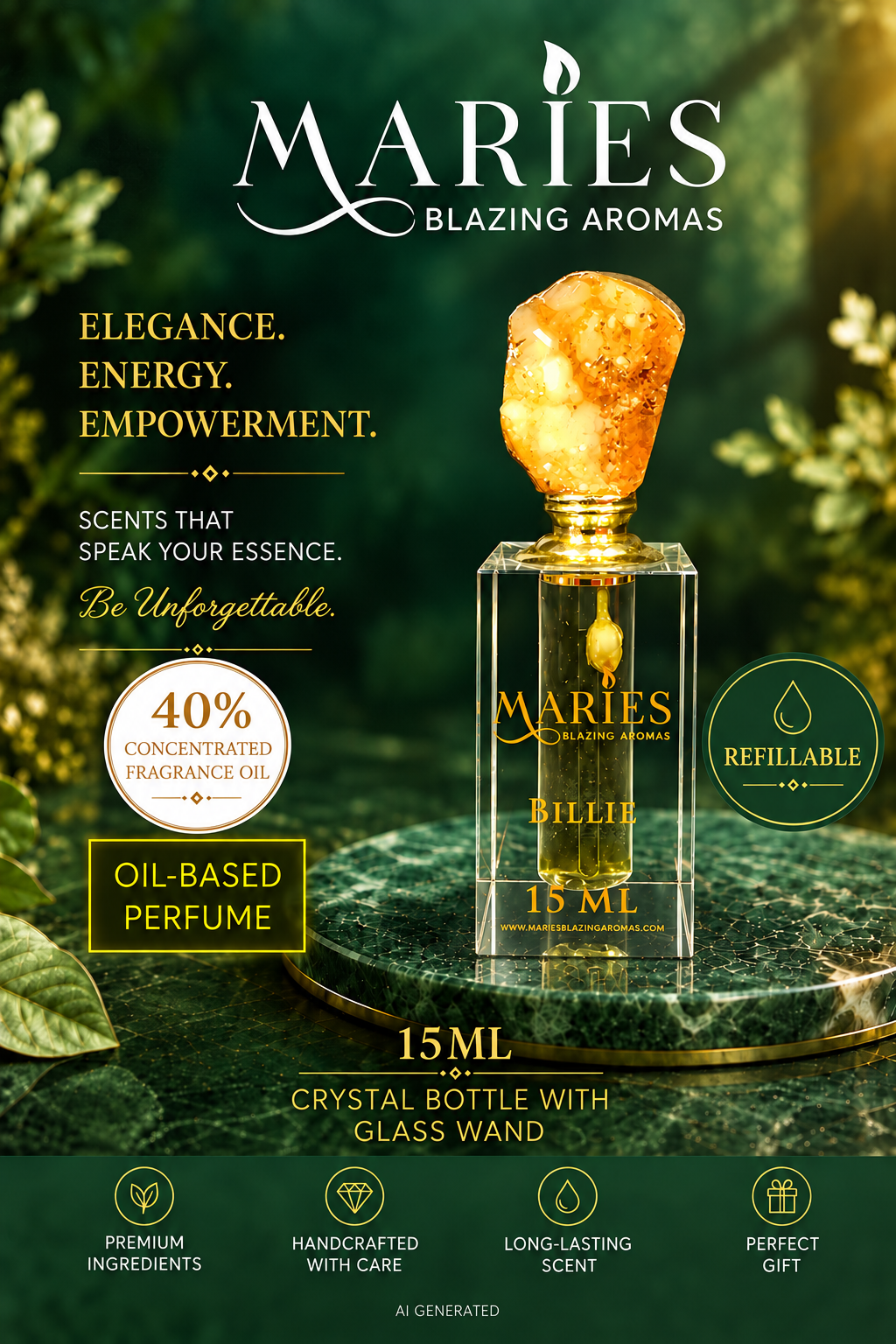 Billie Luxury Perfume Fragrance Oil | Arabian Jasmine & Vanilla | Crystal Bottle