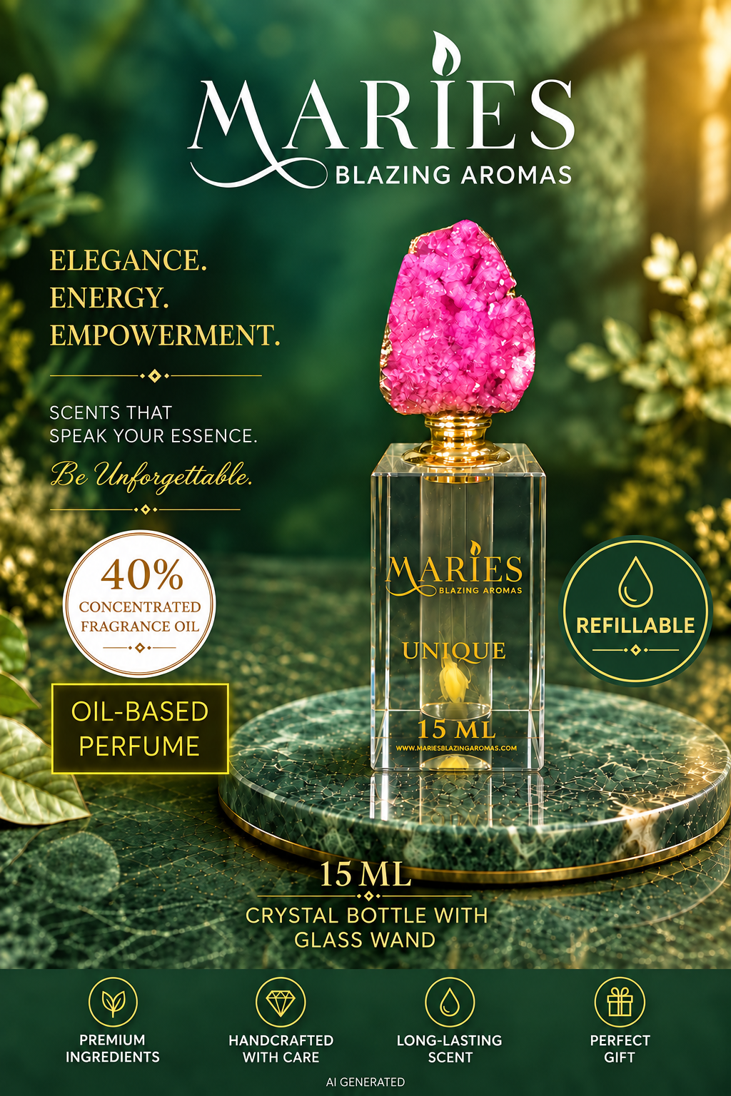 Unique Luxury Perfume Fragrance Oil | Magnolia Jasmine Dark Vanilla | Crystal Bottle