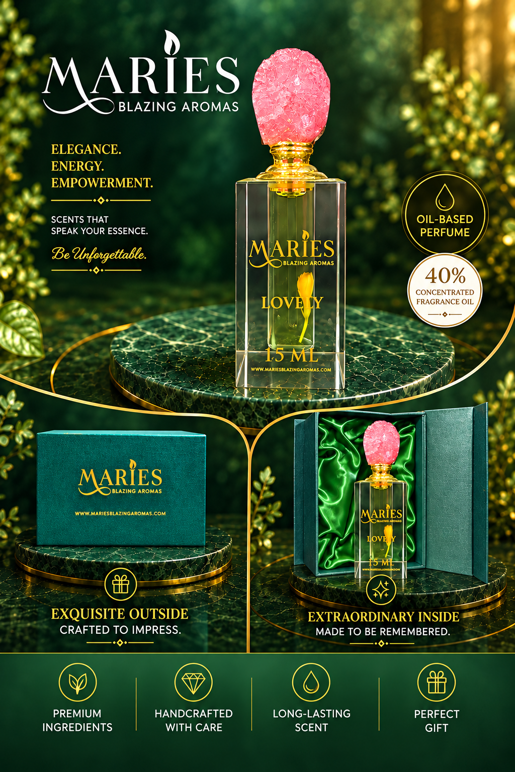 Lovely Luxury Perfume Fragrance Oil | Rose & Peony | Crystal Bottle Gift