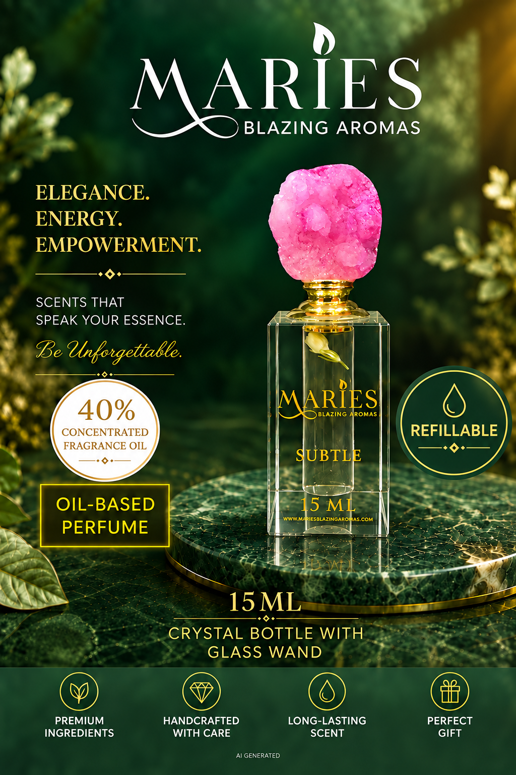 Subtle Luxury Perfume Fragrance Oil | Peony | Crystal Bottle Gift