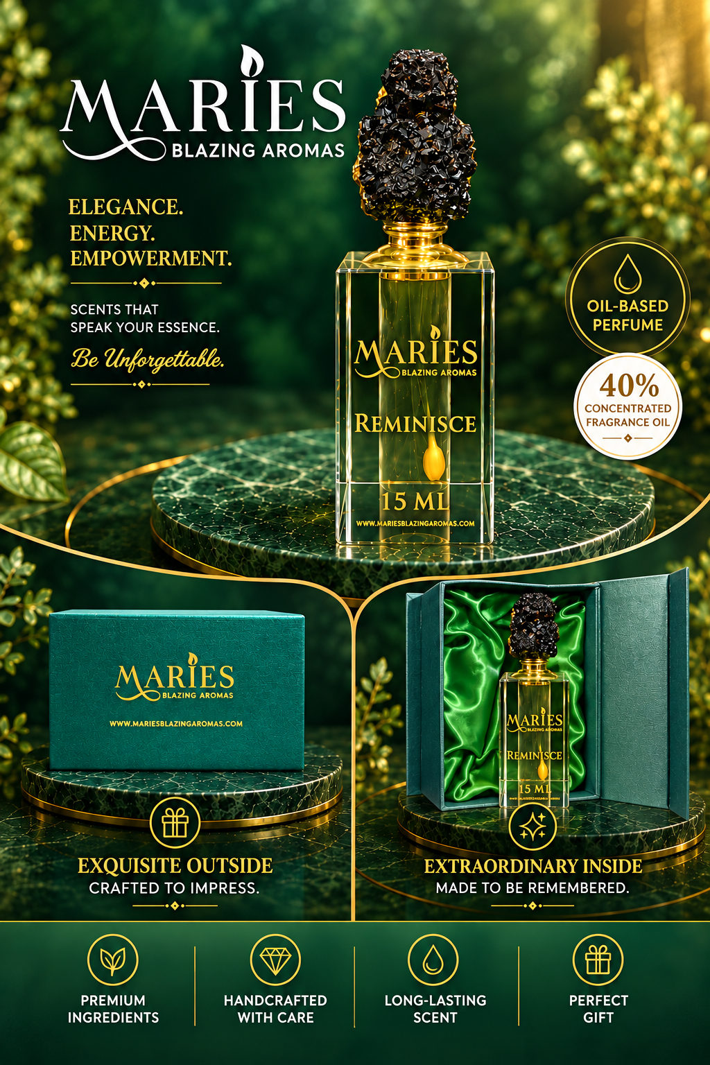 Reminisce Luxury Perfume Fragrance Oil | Bergamot Sandalwood Floral | Crystal Bottle