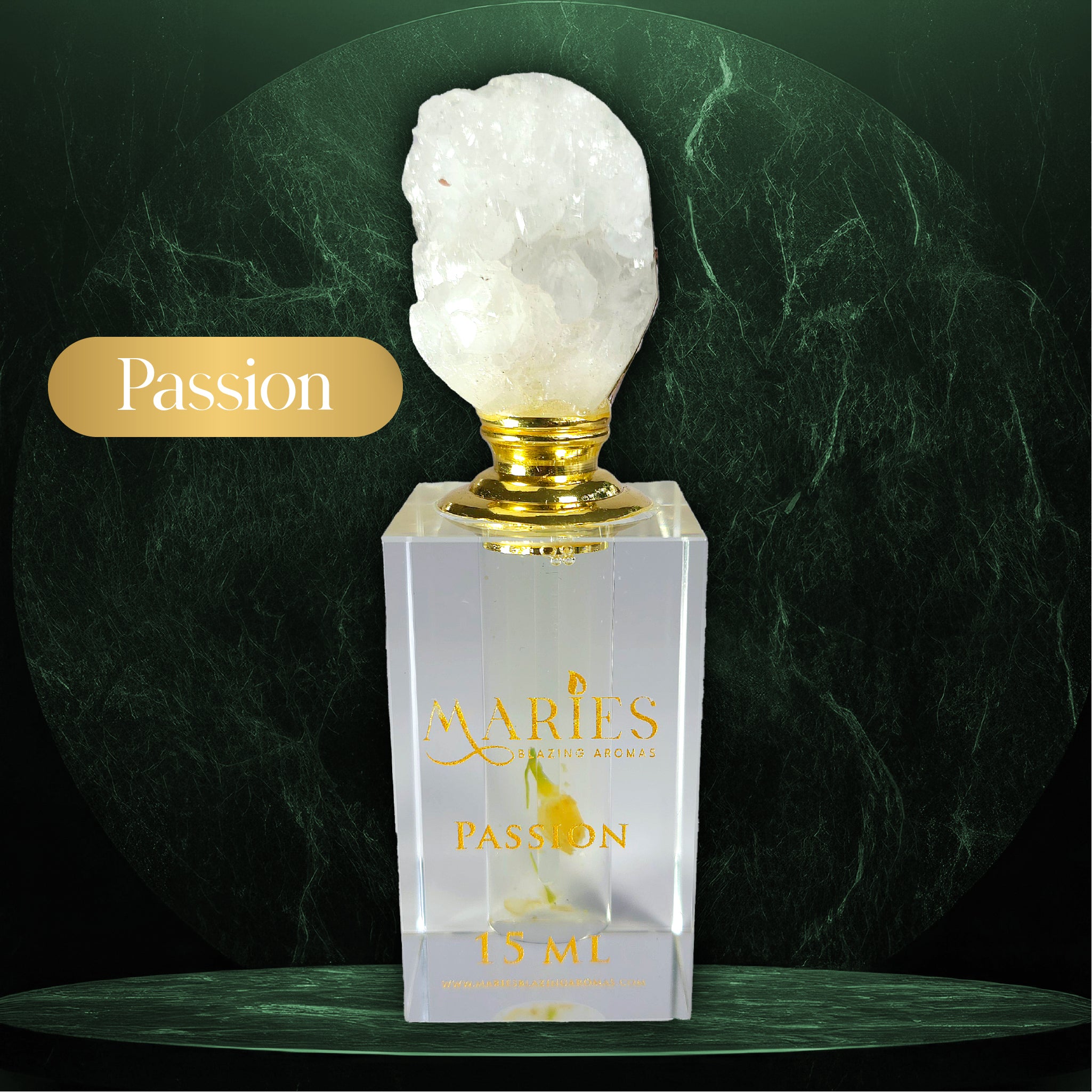 Elegant glass bottle of Passion Luxury Perfume Fragrance Oil by Maries Blazing Aromas