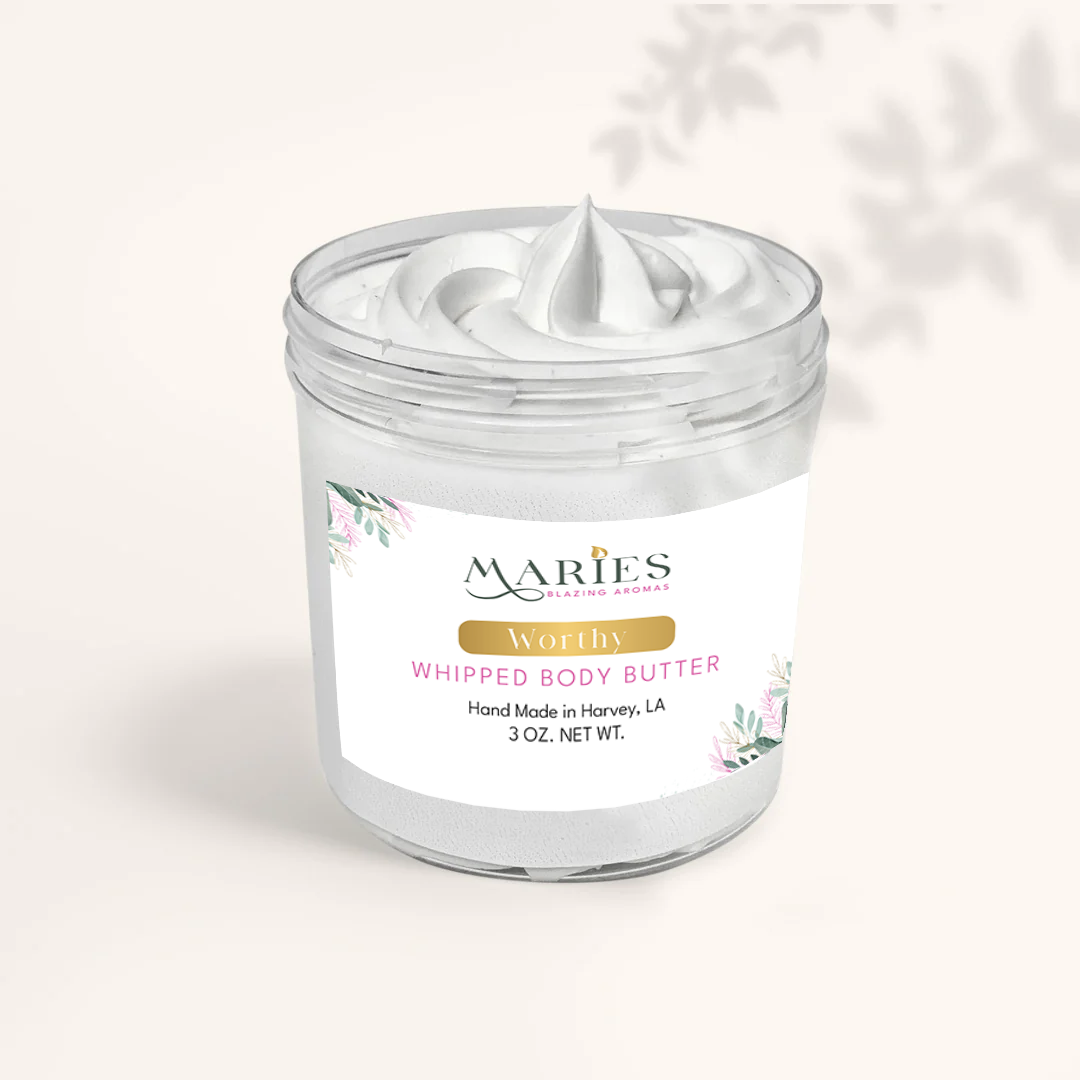 Worthy Whipped Body Butter for radiant skin by Maries Blazing Aromas