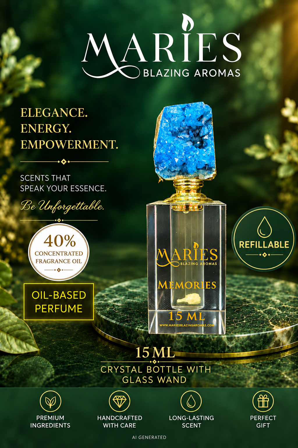 Memories Luxury Perfume Fragrance Oil | Aquatic Citrus Musk | Crystal Bottle Gift