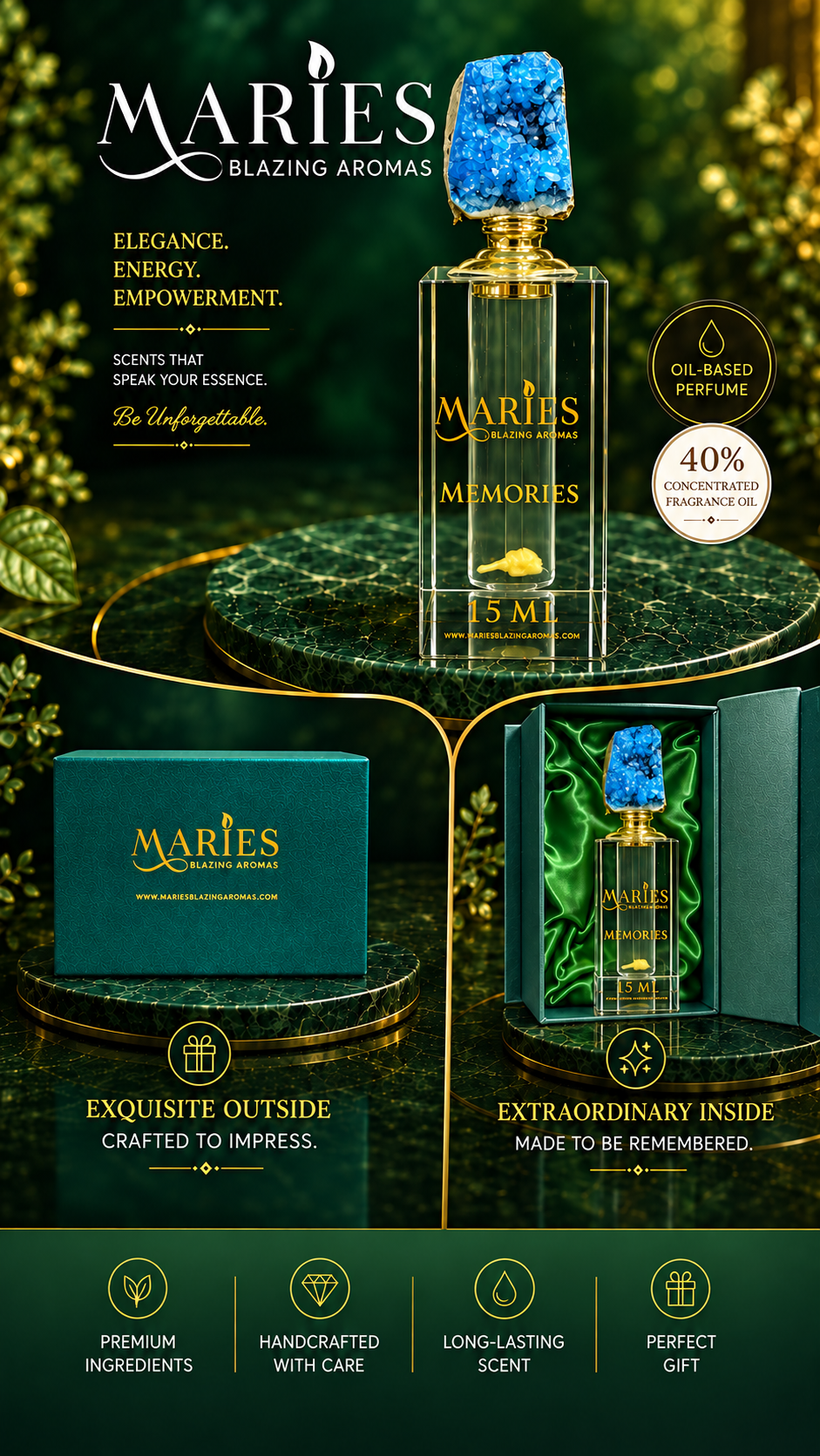 Memories Luxury Perfume Fragrance Oil | Aquatic Citrus Musk | Crystal Bottle Gift