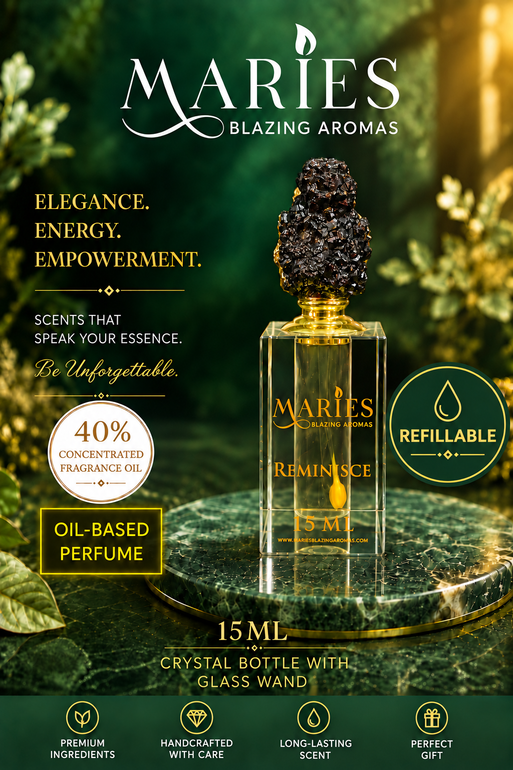 Reminisce Luxury Perfume Fragrance Oil | Bergamot Sandalwood Floral | Crystal Bottle
