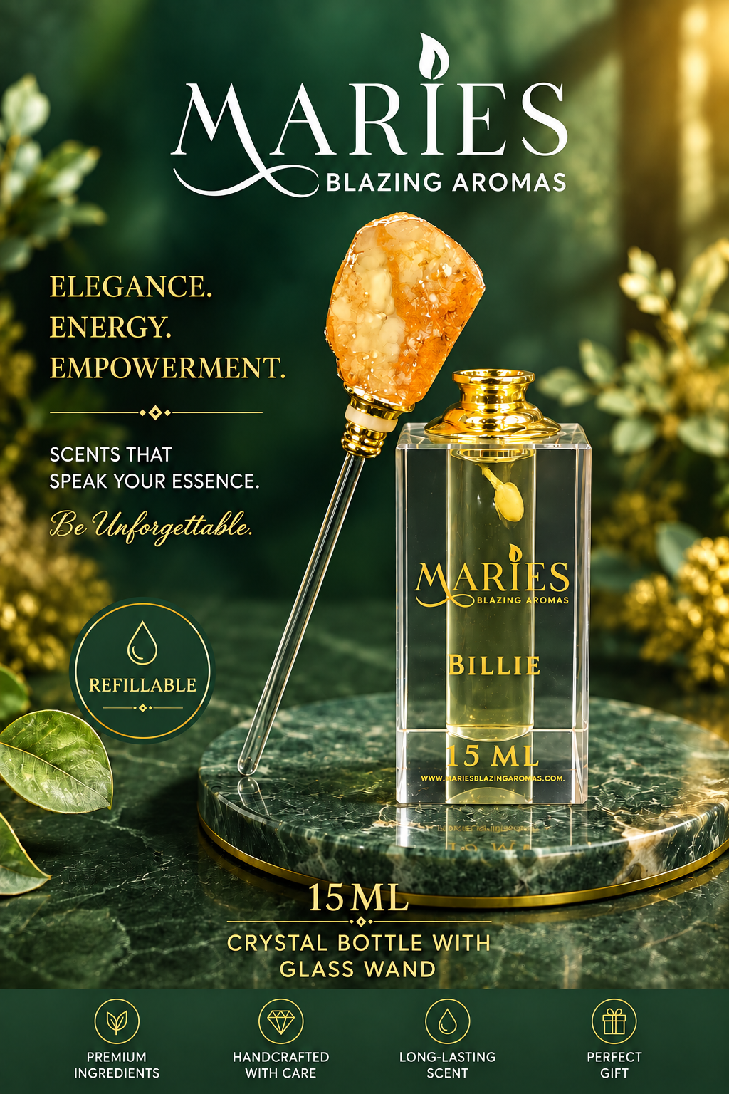 Billie Luxury Perfume Fragrance Oil | Arabian Jasmine & Vanilla | Crystal Bottle