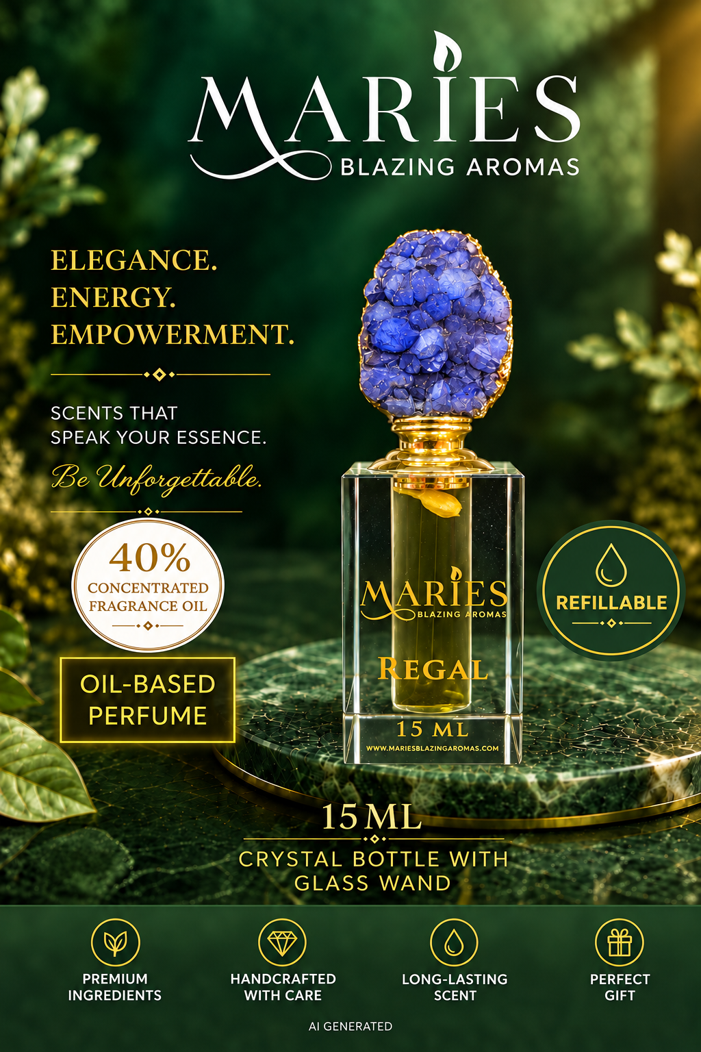 Regal Luxury Perfume Fragrance Oil | Arabian Jasmine Rose Patchouli | Crystal Bottle