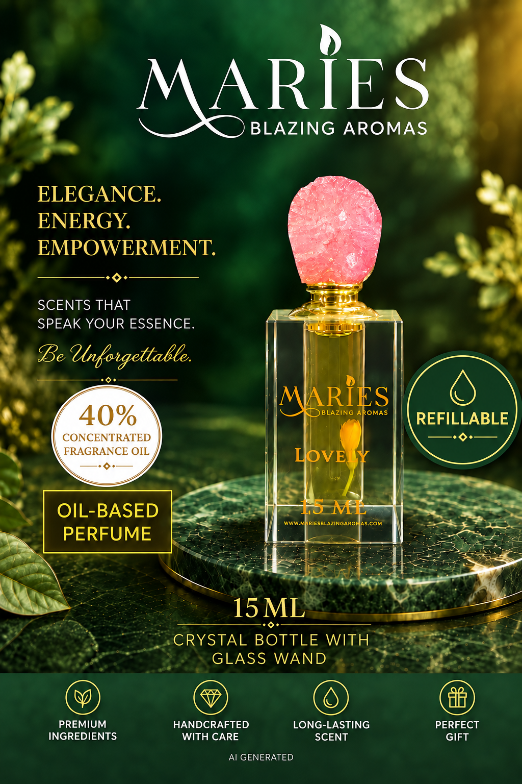 Lovely Luxury Perfume Fragrance Oil | Rose & Peony | Crystal Bottle Gift